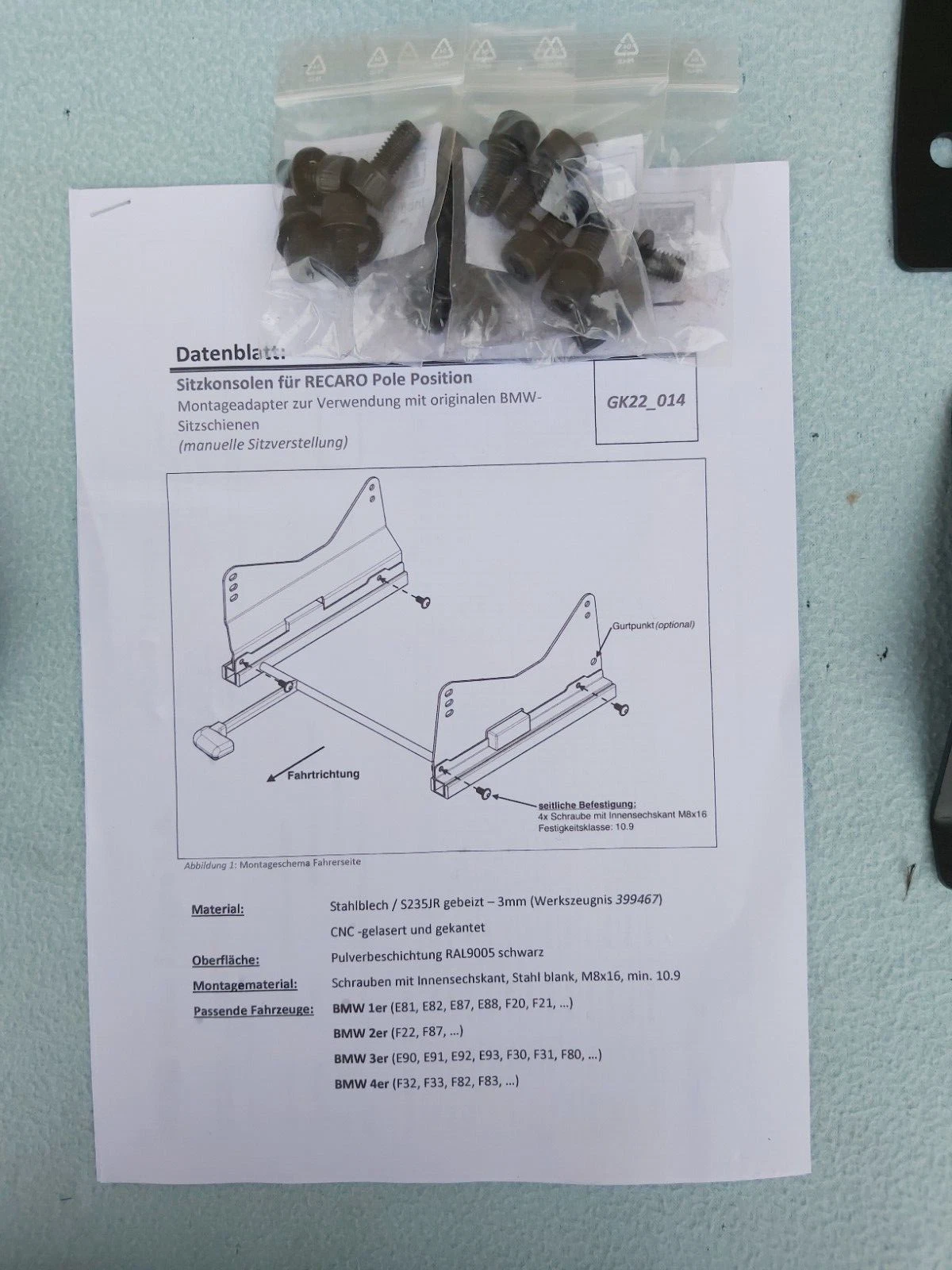SIDE MOUNTS for RECARO POLE POSITION for BMW E- and F- SERIES, MADE IN GERMANY