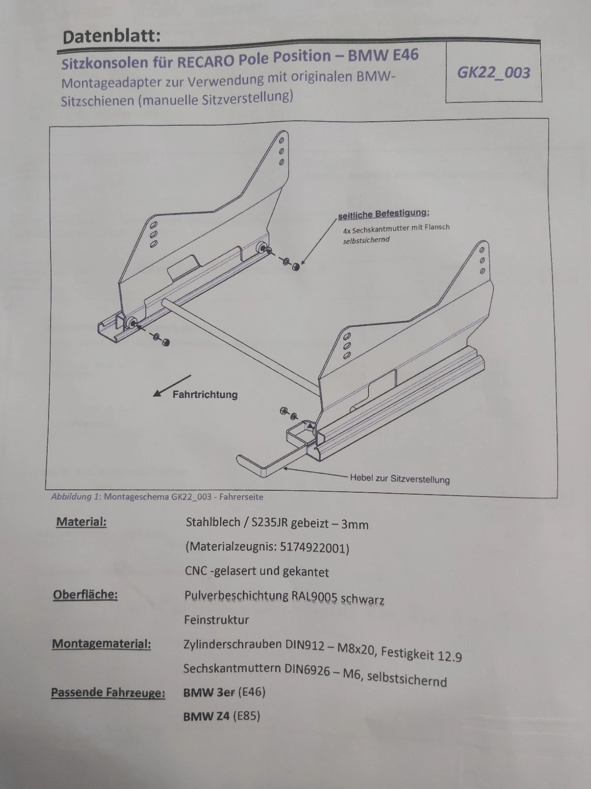 SIDE MOUNTS for RECARO POLE POSITION for BMW E46, MADE IN GERMANY