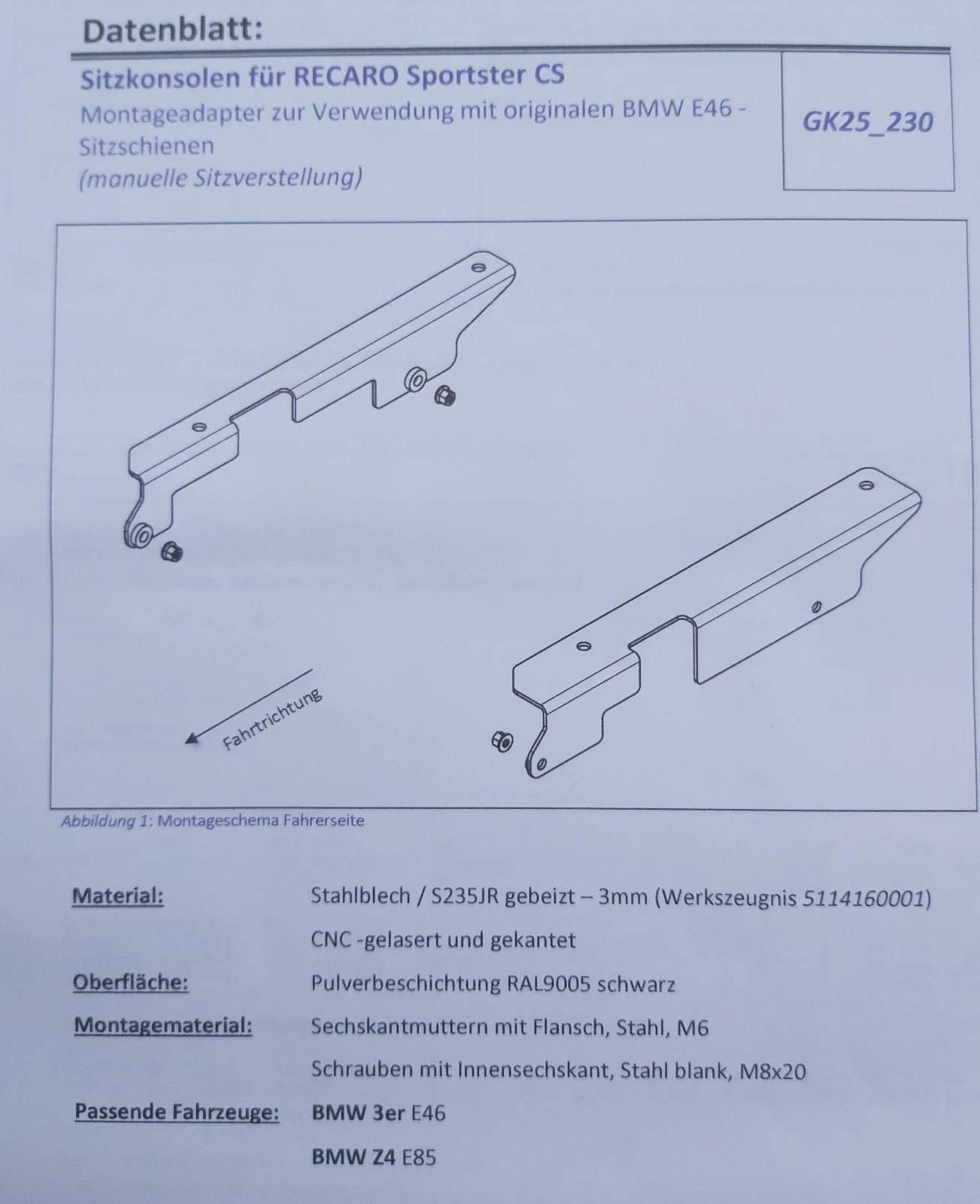 MOUNTS for RECARO SPORTSTER CS SEATS for BMW E46 + E85 Z4, MADE IN GERMANY